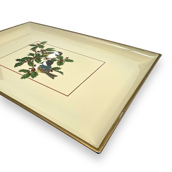 Vintage Otagiri Japan Lacquerware Tray Chickadees on Holly Christmas Bird 8.5x6” - Picture 12 of 12